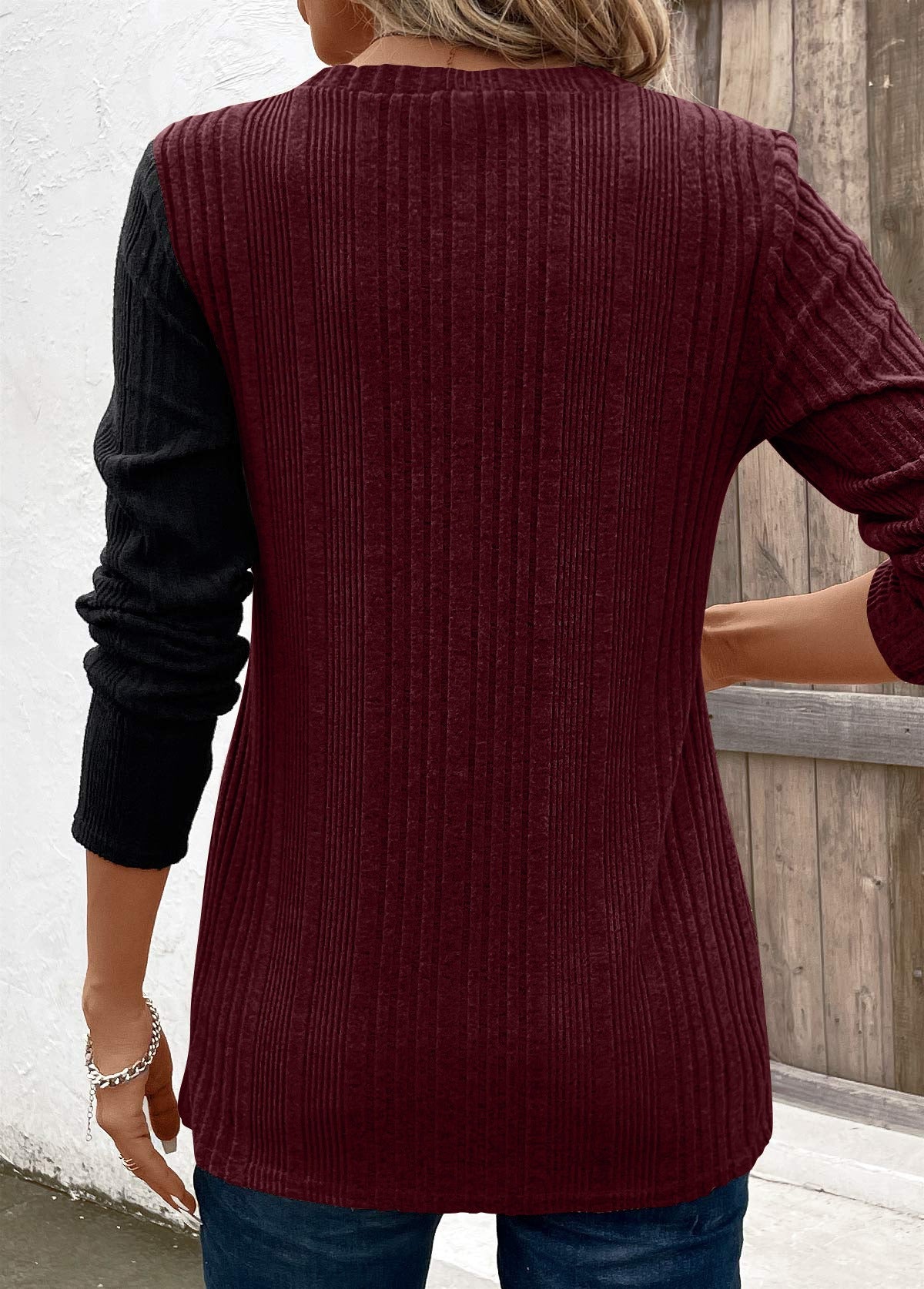 Color Block Button Detail Long Sleeve T-shirt