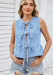 Ruffle Hem Tie Front Denim Vest Top
