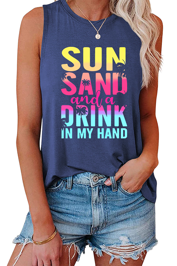 Sun Sand and A Drink Graphic Tank Top Navy blue - Tops from Cindelily