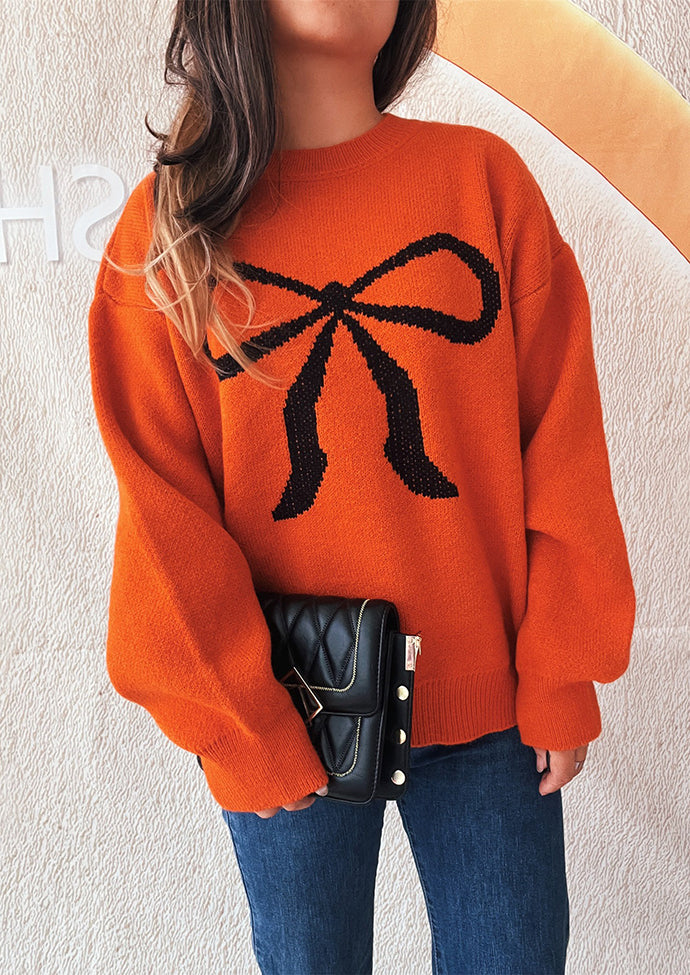 Crew Neck Pattern Bow Knitted Sweater