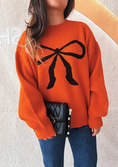 Crew Neck Pattern Bow Knitted Sweater