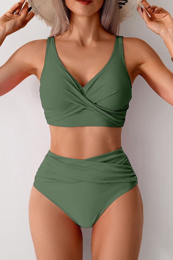Wrap-Front Crop Top & High-Waist Bottoms Bikini Olive green - Swimwear from Cindelily