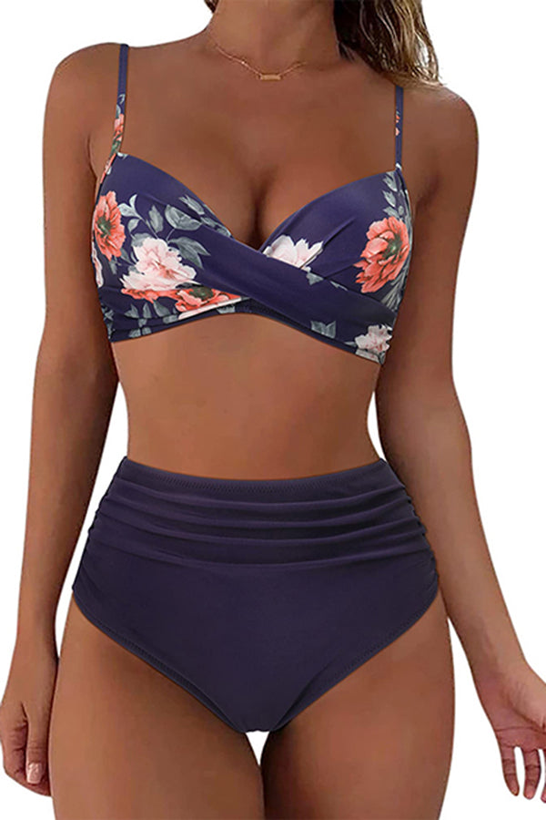 Vintage High Waisted Bikini Sets Floral & Navy - Swimwear from Cindelily