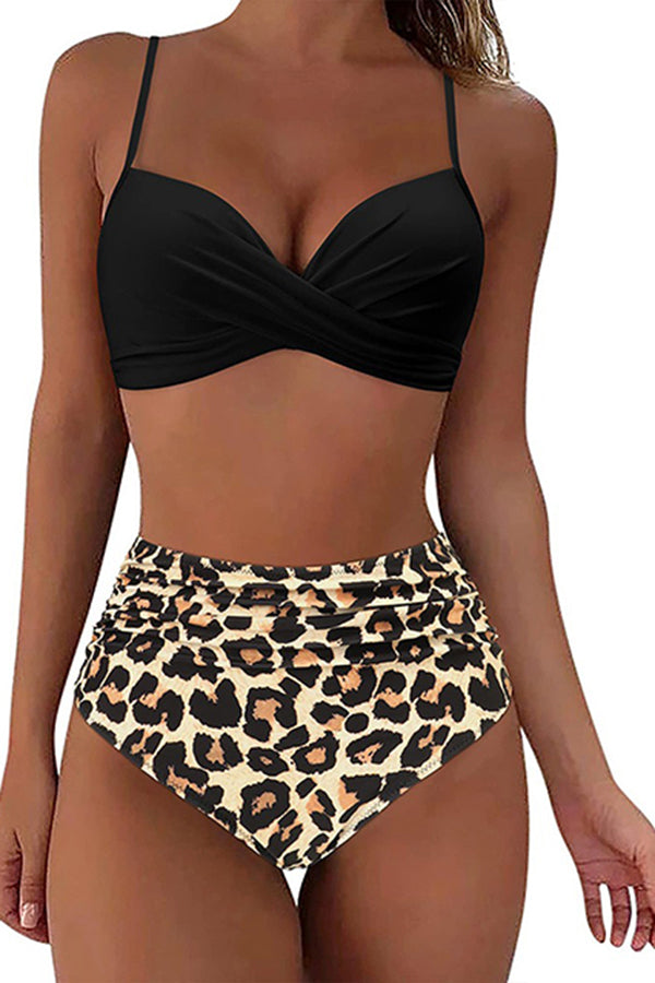 Vintage High Waisted Bikini Sets Black & Leopard - Swimwear from Cindelily