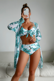 Floral Bikini & Sheer Cover-Up 3-Piece Set Light green - Swimwear from Cindelily