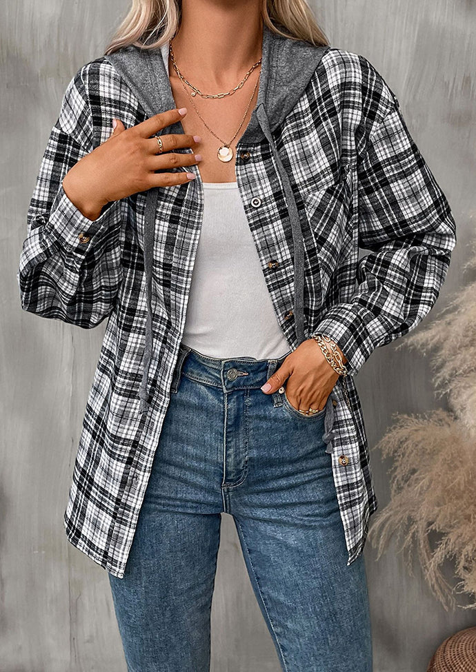 Hooded Pocket Detail Button Up Plaid Shirt