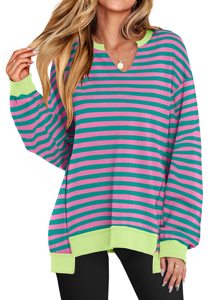 Stripe V Neck Over Size Basic Sweatshirt