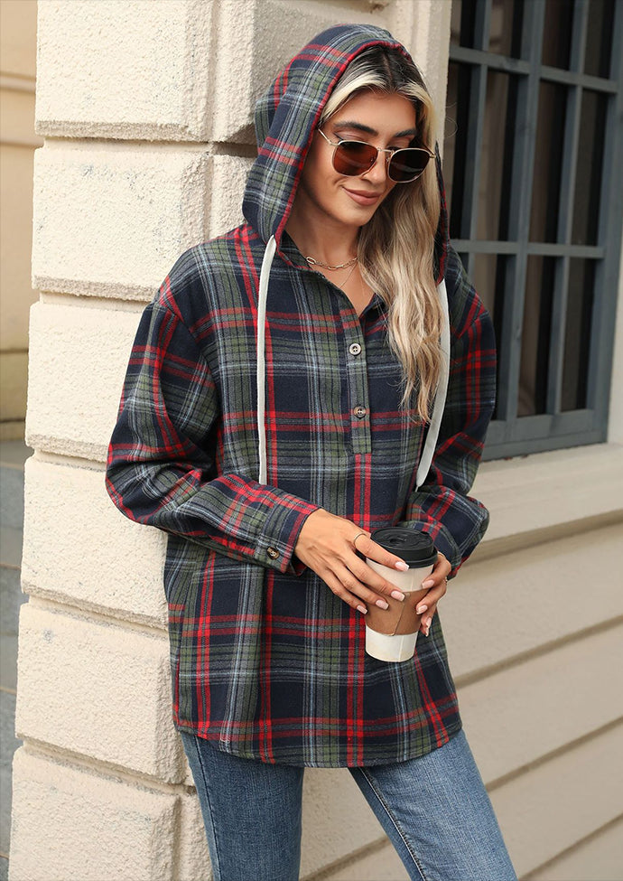 Plaid Button Up Hooded Tie Detail Casual Blouse
