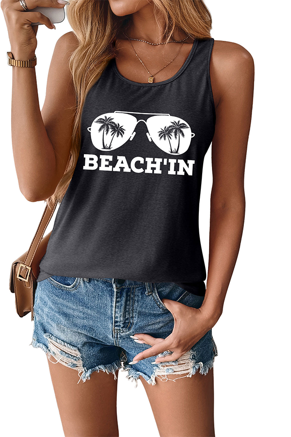 BEACH'IN Graphic Racerback Tank Top Dark grey - Tops from Cindelily