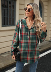 Plaid Button Up Hooded Tie Detail Casual Blouse