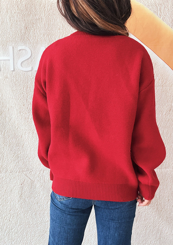 Crew Neck Pattern Bow Knitted Sweater