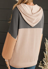 Tie Detail Textured Color Block Casual Hoodie