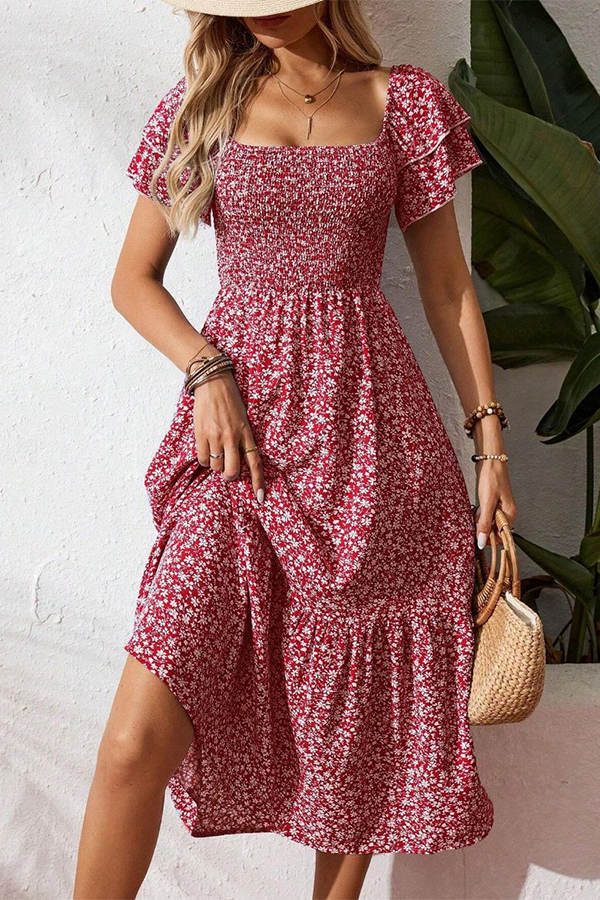 Ditsy Floral Smocked Midi Dress Red - Dresses from Cindelily