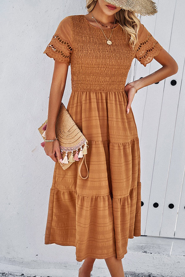 Camel Smocked Tiered Midi Dress - Dresses from Cindelily