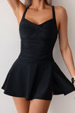 Ruched Side-Slit One-Piece Swim Dress Black - Swimwear from Cindelily