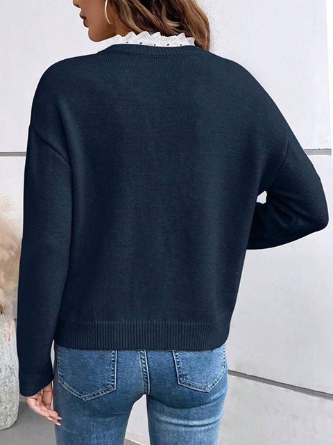 Lace Splicing V-Neck Knitted Sweater