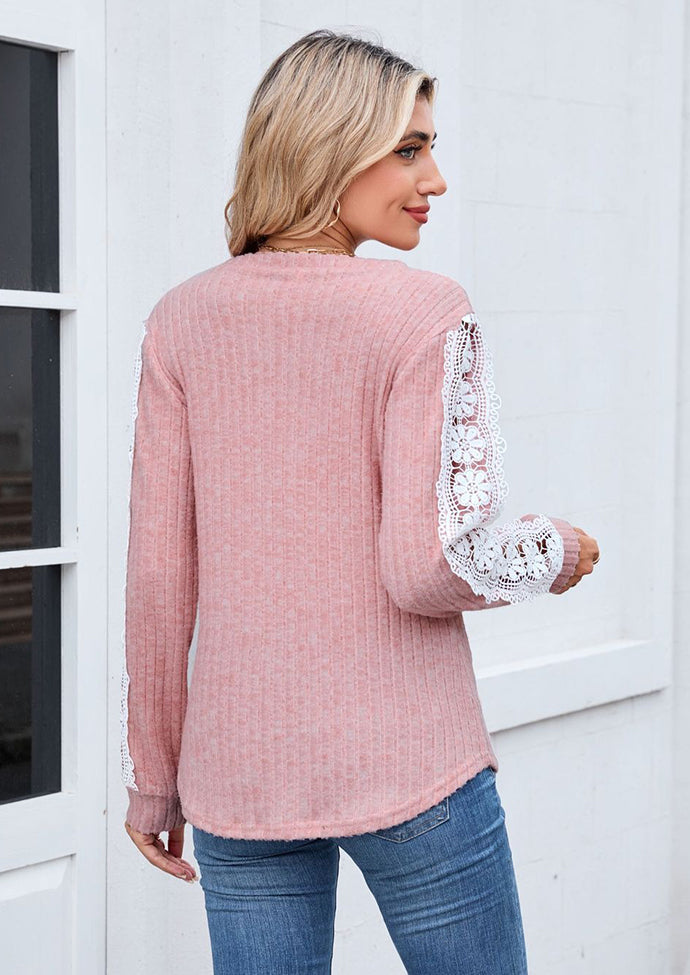 Lace Inset V Neck Long Sleeve T-shirt