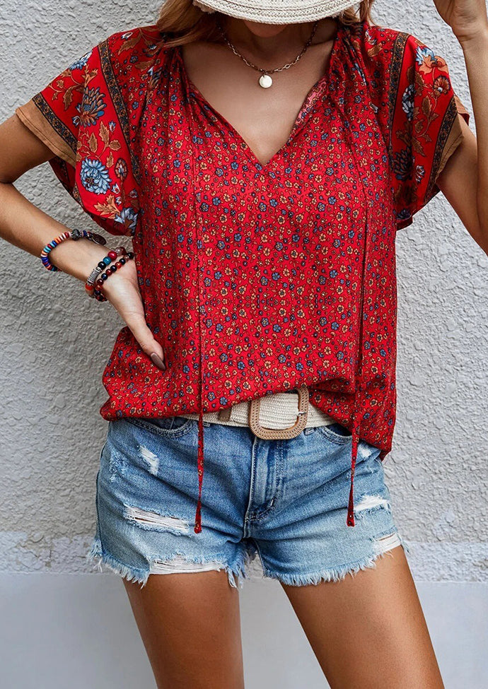 Floral Boho Tie Detail V Neck T-shirt