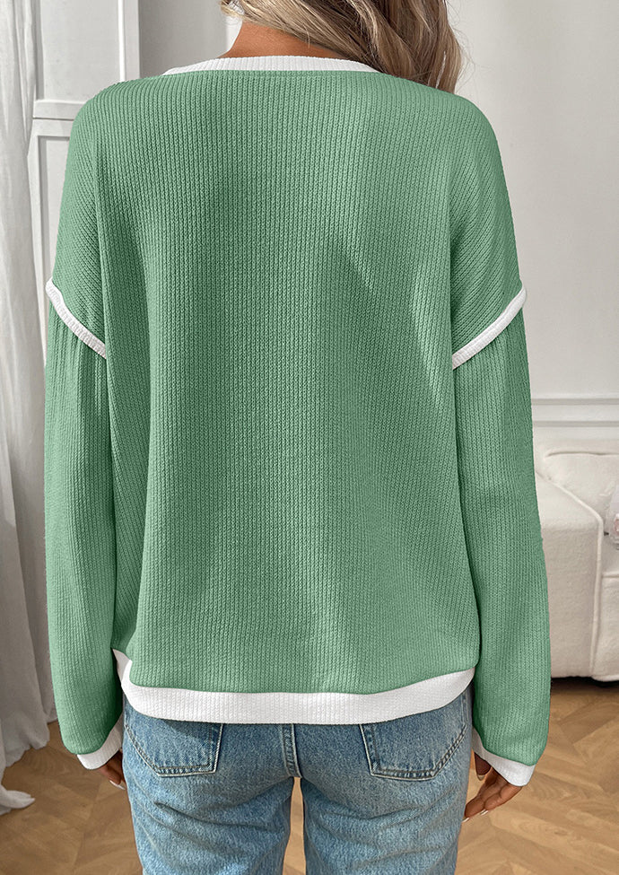 Textured Crew Neck Color Block Casual Top