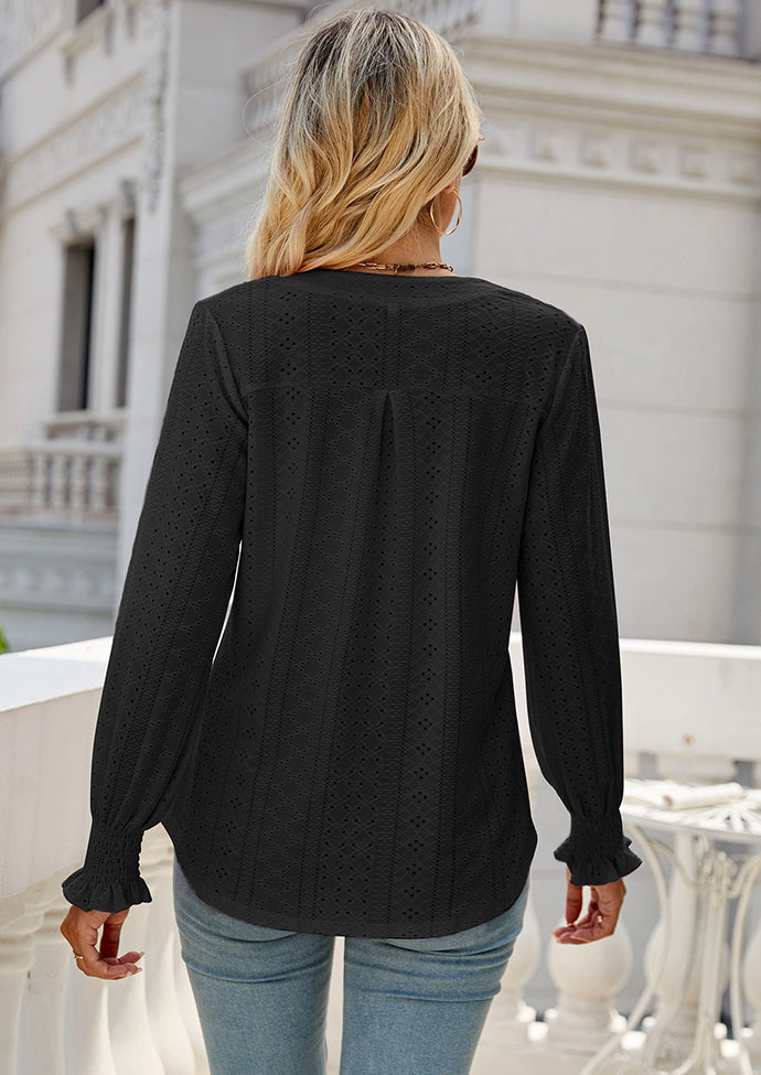 Jacquard V Neck Smocked Cuff Blouse