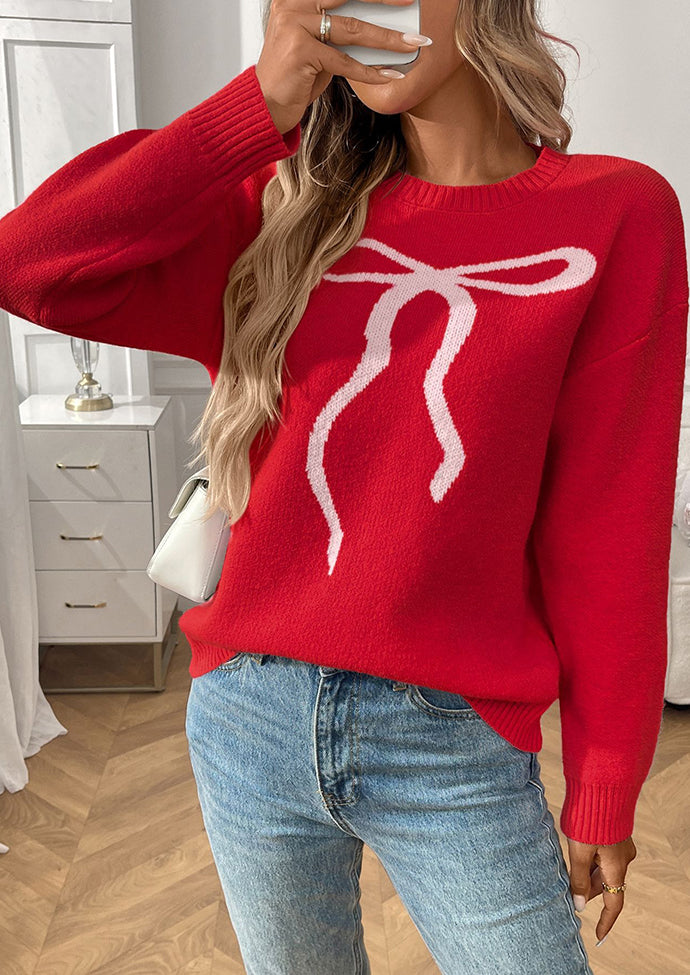 Bow Pattern Crew Neck Knitted Sweater