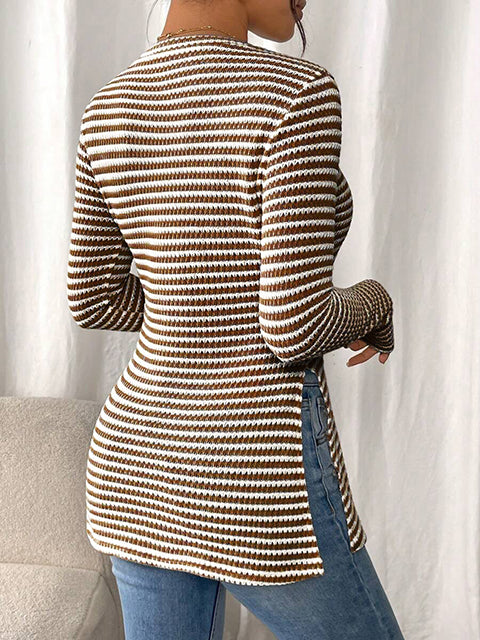 Striped Side Split Long Sleeve Top