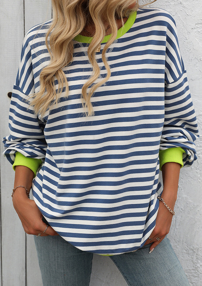 Striped Crew Neck Color Block Casual Sweatshirt