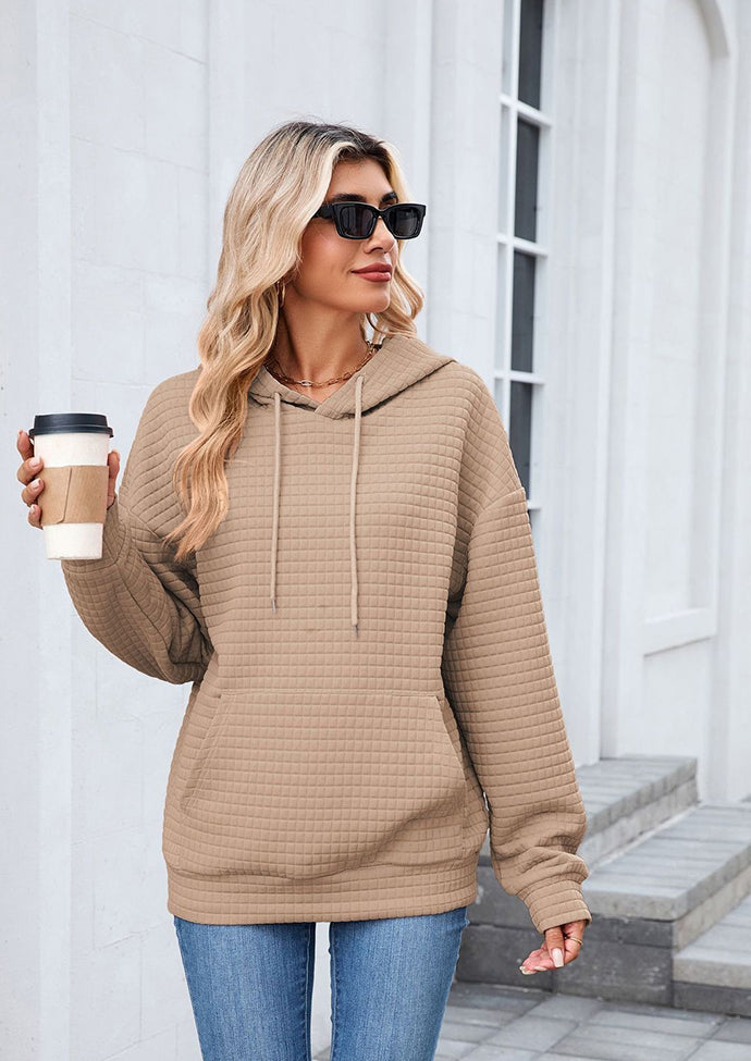 Textured Tie Front Pocket Detail Casual Hoodie