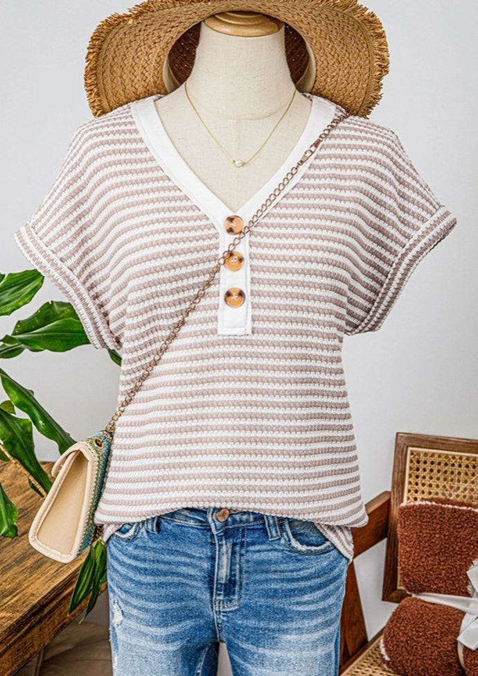Striped Contrast V Neck Knitted T-shirt