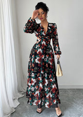 Ruffle Floral V Neck Cut Out Back Maxi Dress
