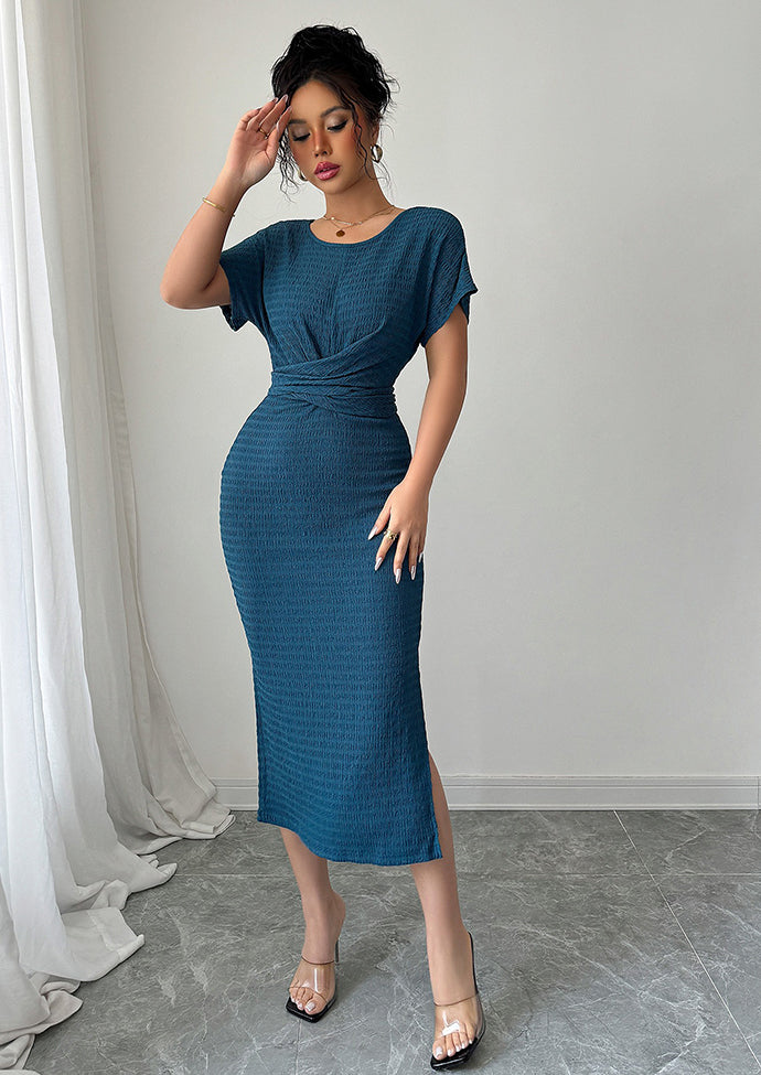 Textured Crew Neck Side Split Wrap Dress