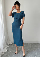 Textured Crew Neck Side Split Wrap Dress