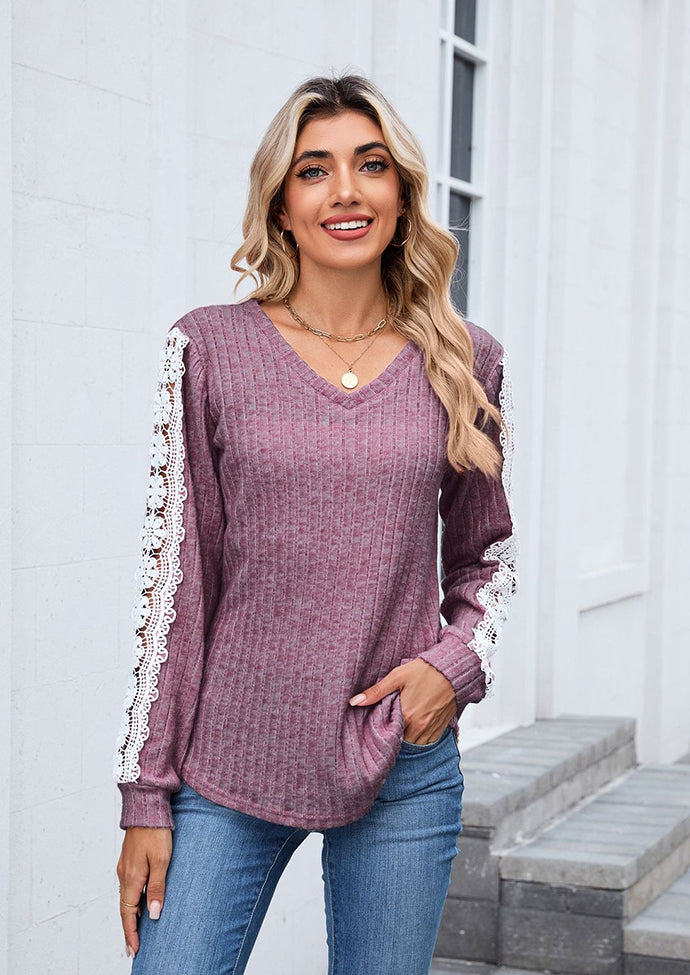 Lace Inset V Neck Long Sleeve T-shirt
