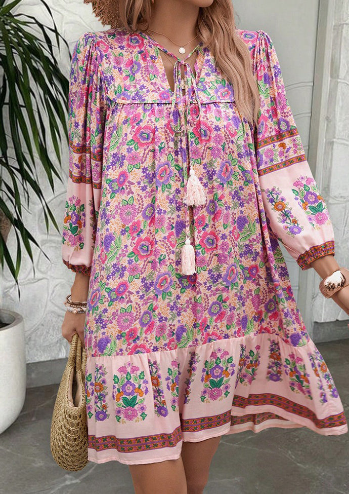 Tie Detail Floal Boho Mini Dress