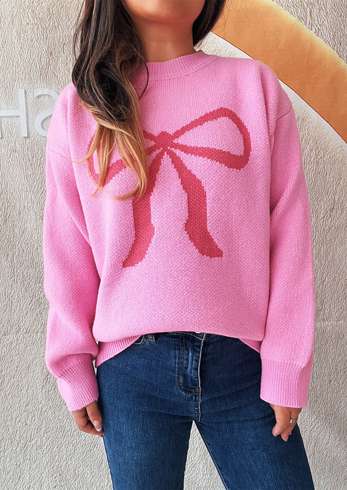 Crew Neck Pattern Bow Knitted Sweater