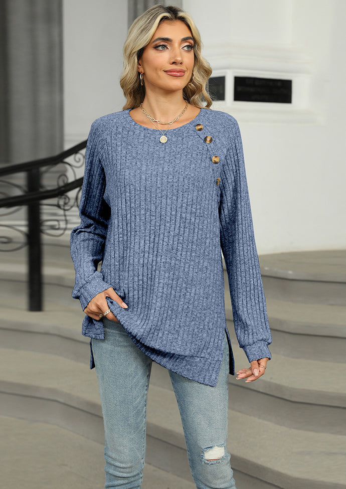 Raglan Sleeve Button Detail Side Split Tunic