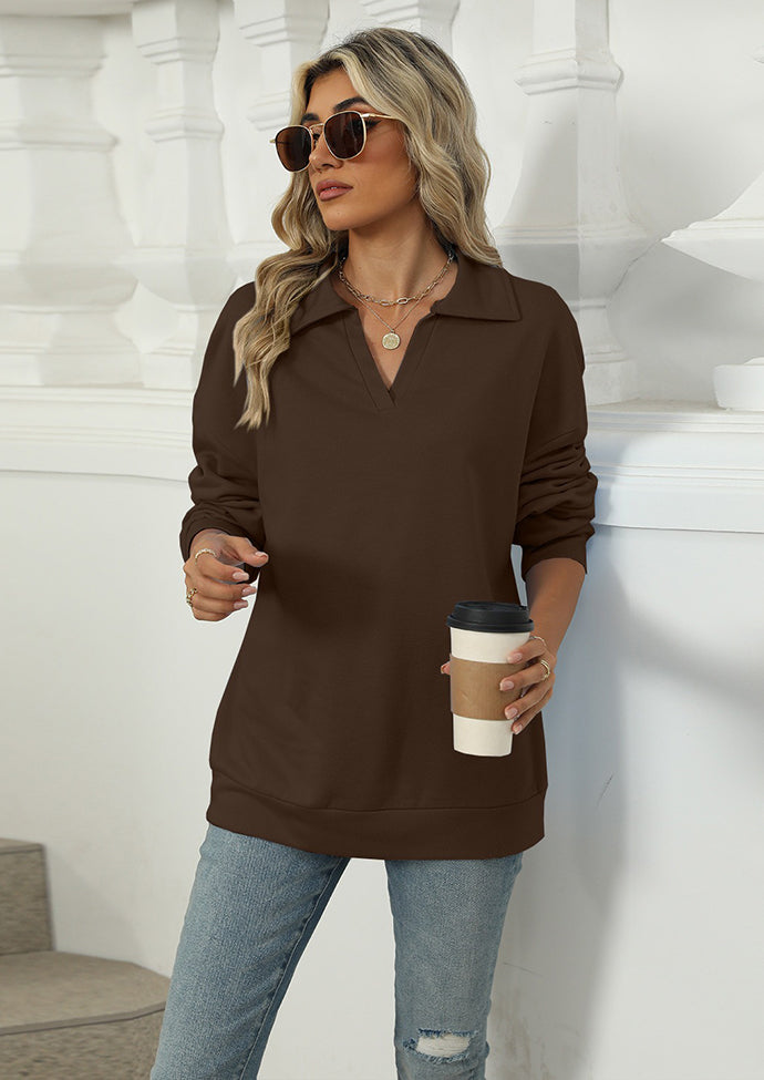Solid Turndown Collar V Neck Sweatshirt