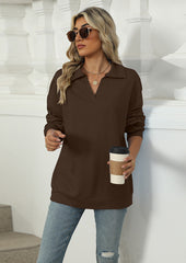 Solid Turndown Collar V Neck Sweatshirt
