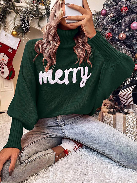 Christmas Jacquard Turtleneck Bat Sleeve Sweater
