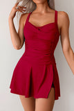Ruched Side-Slit One-Piece Swim Dress Red - Swimwear from Cindelily