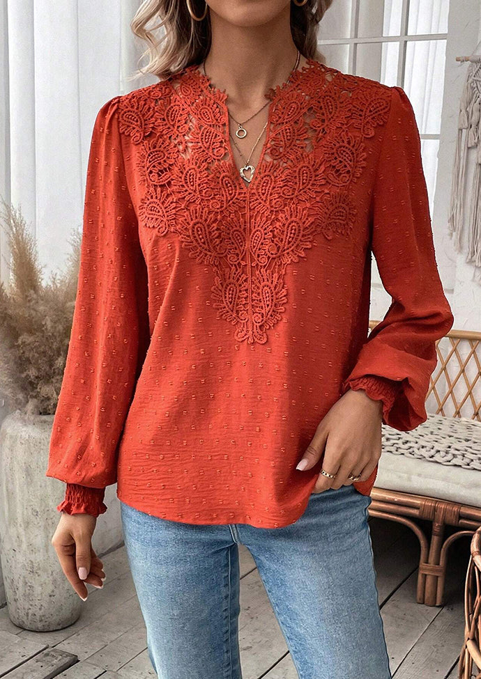 Lace Inset V Neck Long Sleeve Blouse