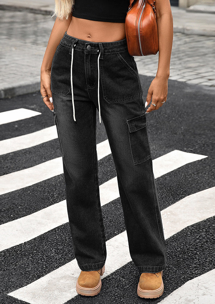 Straight Lace-up Multi-pocket Cargo Jeans
