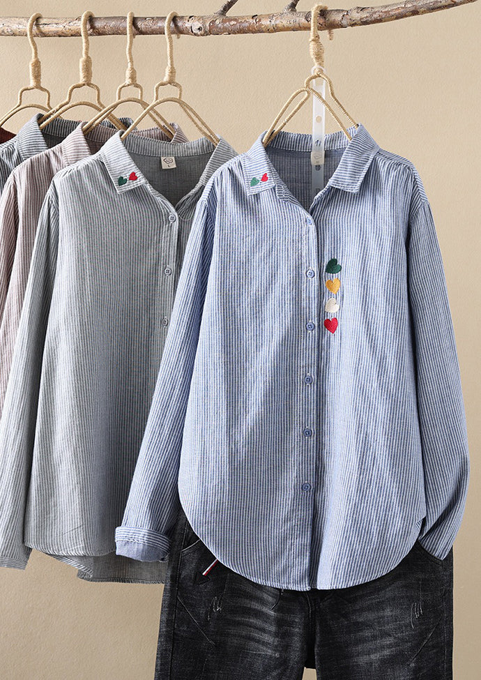 Heart Embroidered Striped Button Up Shirt
