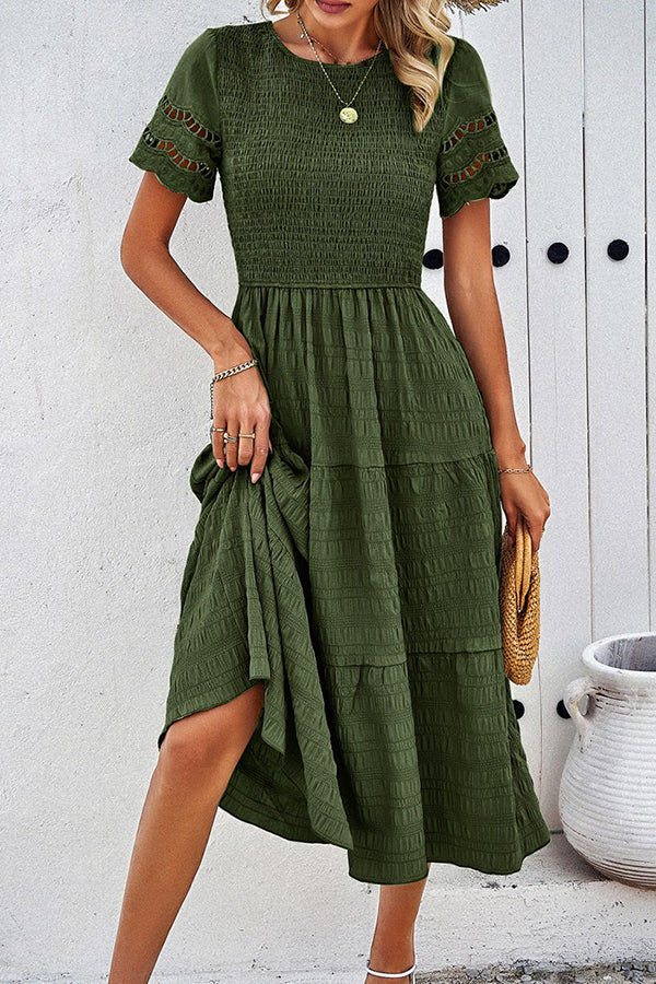 Camel Smocked Tiered Midi Dress Army green - Dresses from Cindelily