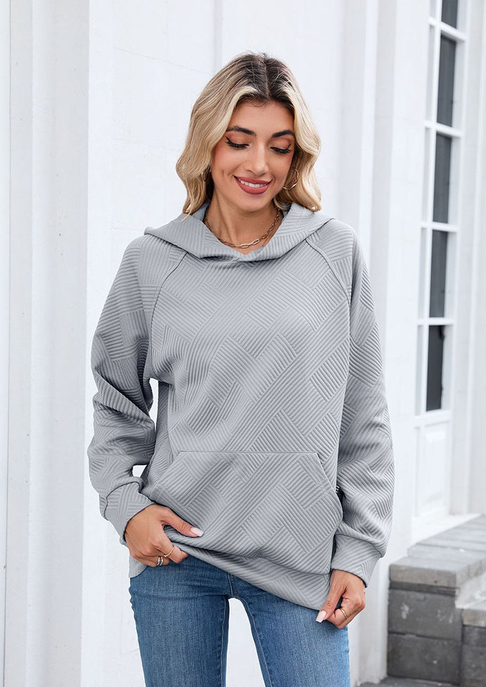 Textured Hooded Casual Sweatshirt with Front Pocket