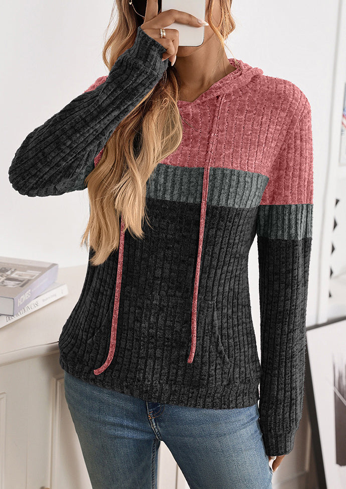 Color Block Casual Hoodie with Front Pocket
