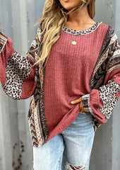 Retro Leopard Print Color Block Oversize Blouse