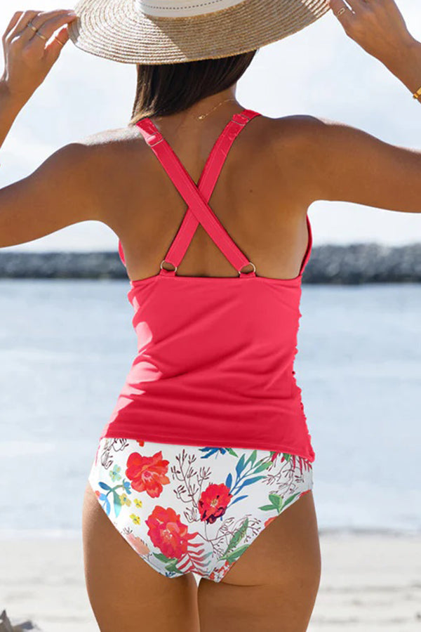 Coral & Floral Two-Tone Tankini Set - Swimwear from Cindelily