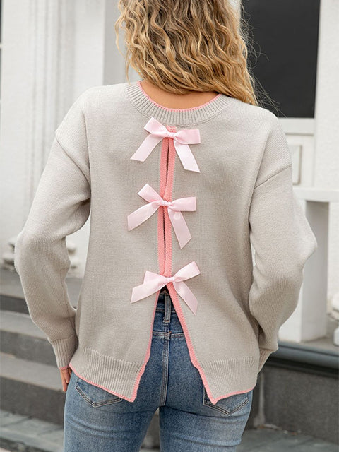 Bow Tie Detail Crew Neck Knitted Sweater