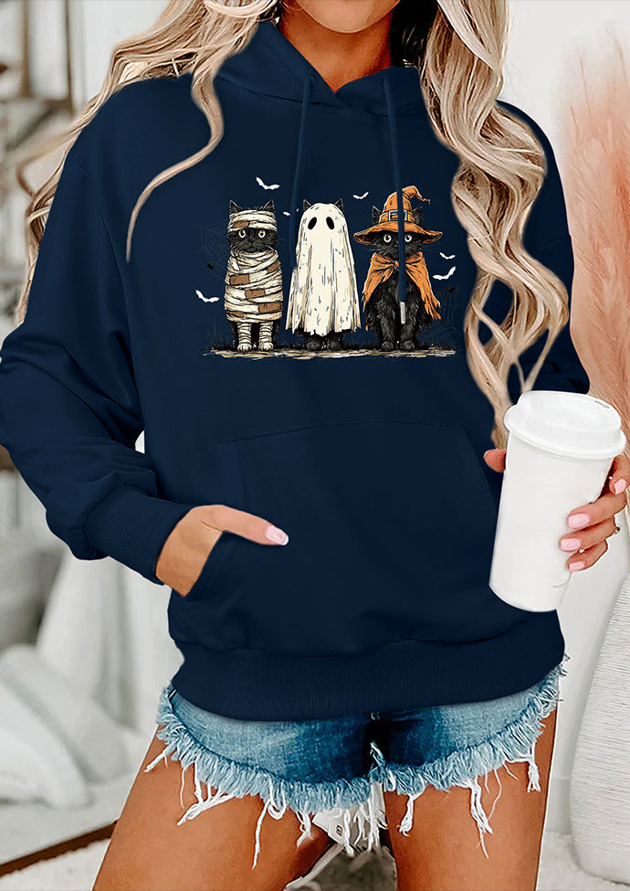 Spooky Cat Print Hooded Casual Sweatshirt
